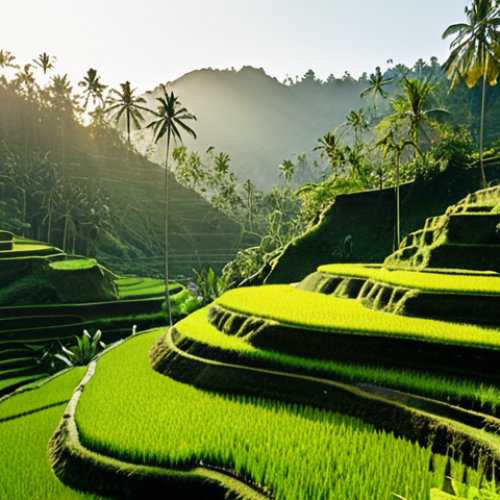 Home 4 A breathtaking view of the Tegalalang rice terraces in Bali, Indonesia, bathed in soft morning light. Capture the intricate layers of the green rice paddies as they cascade down the hillsides. Include a Balinese farmer tending to the crops.