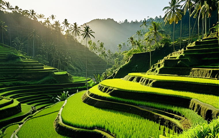 A breathtaking view of the Tegalalang rice terraces in Bali, Indonesia, bathed in soft morning light. Capture the intricate layers of the green rice paddies as they cascade down the hillsides. Include a Balinese farmer tending to the crops.