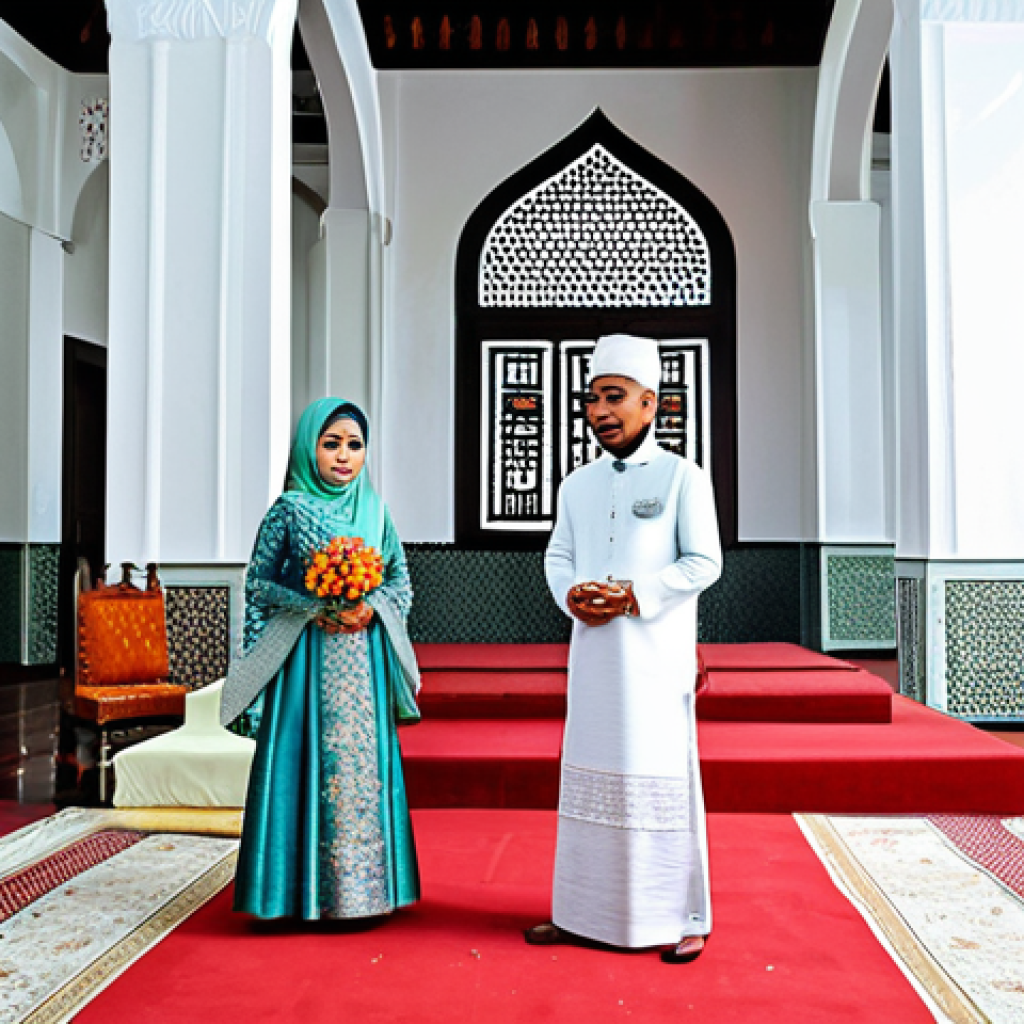 ** "A Javanese wedding ceremony, fully clothed bride in a modest kebaya and groom in traditional attire, performing the *Ijab Qabul* in a beautifully decorated mosque, safe for work, appropriate content, perfect anatomy, natural proportions, professional photography, family-friendly." **