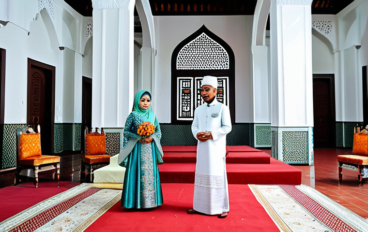 ** "A Javanese wedding ceremony, fully clothed bride in a modest kebaya and groom in traditional attire, performing the *Ijab Qabul* in a beautifully decorated mosque, safe for work, appropriate content, perfect anatomy, natural proportions, professional photography, family-friendly." **