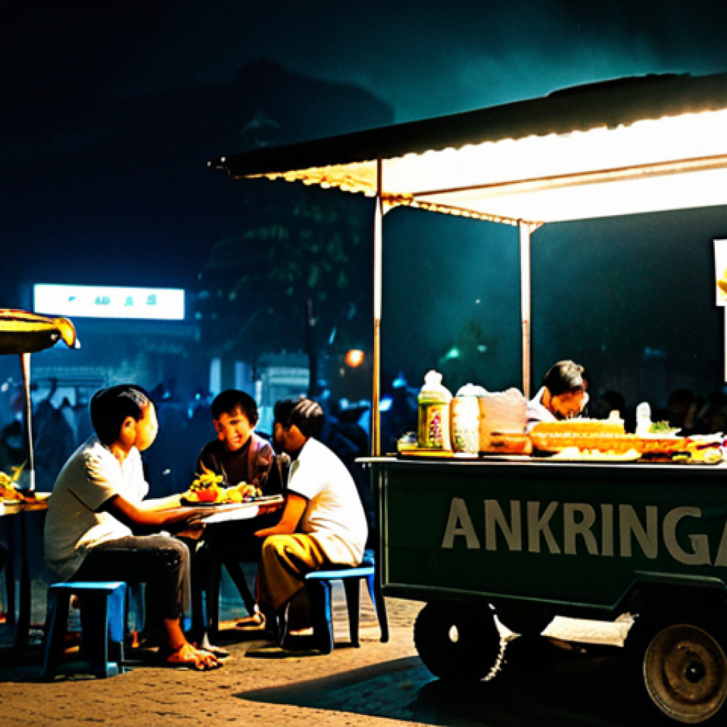 인도네시아의 스트리트 푸드 - Angkringan Scene** "A bustling angkringan in Yogyakarta at night, illuminated by a warm, glowing la...