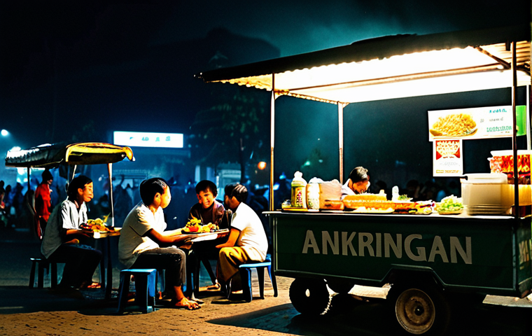인도네시아의 스트리트 푸드 - Angkringan Scene** "A bustling angkringan in Yogyakarta at night, illuminated by a warm, glowing la...