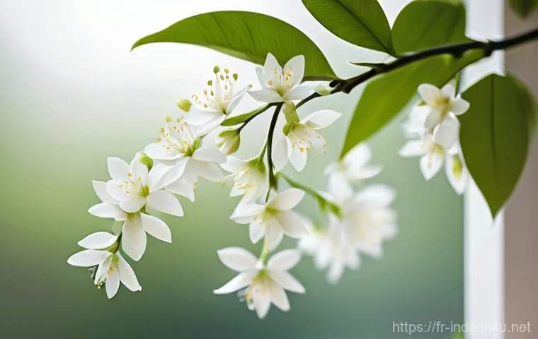 인도네시아의 대표적인 꽃 - The Pure Breath of Indonesia: Jasmine (Melati putih)** A serene and elegant image depicting a close... 인도네시아의 대표적인 꽃 - The Pure Breath of Indonesia: Jasmine (Melati putih)** A serene and elegant image depicting a close...