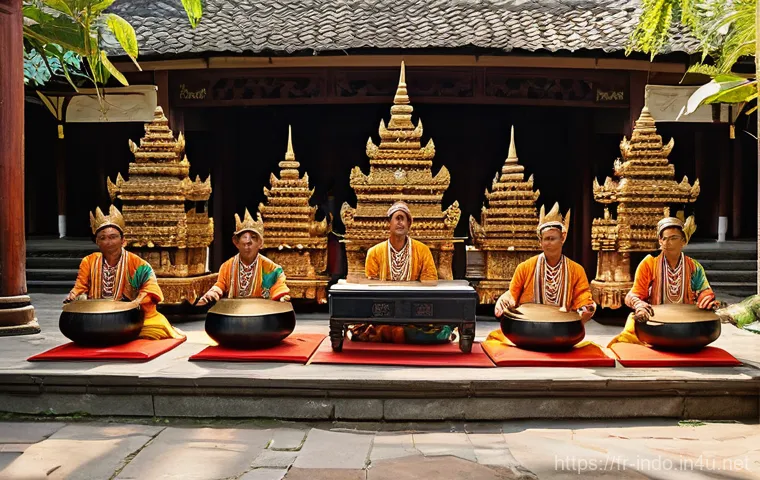 인도네시아 전통 악기 - **Prompt 1: A Grand Gamelan Performance in a Temple Courtyard** A wide shot of a traditional Ind...