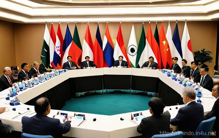 인도네시아 정치 이슈 - **Diplomatic Engagement at an International Summit:** "A vibrant, wide-angle shot of a prestigio...