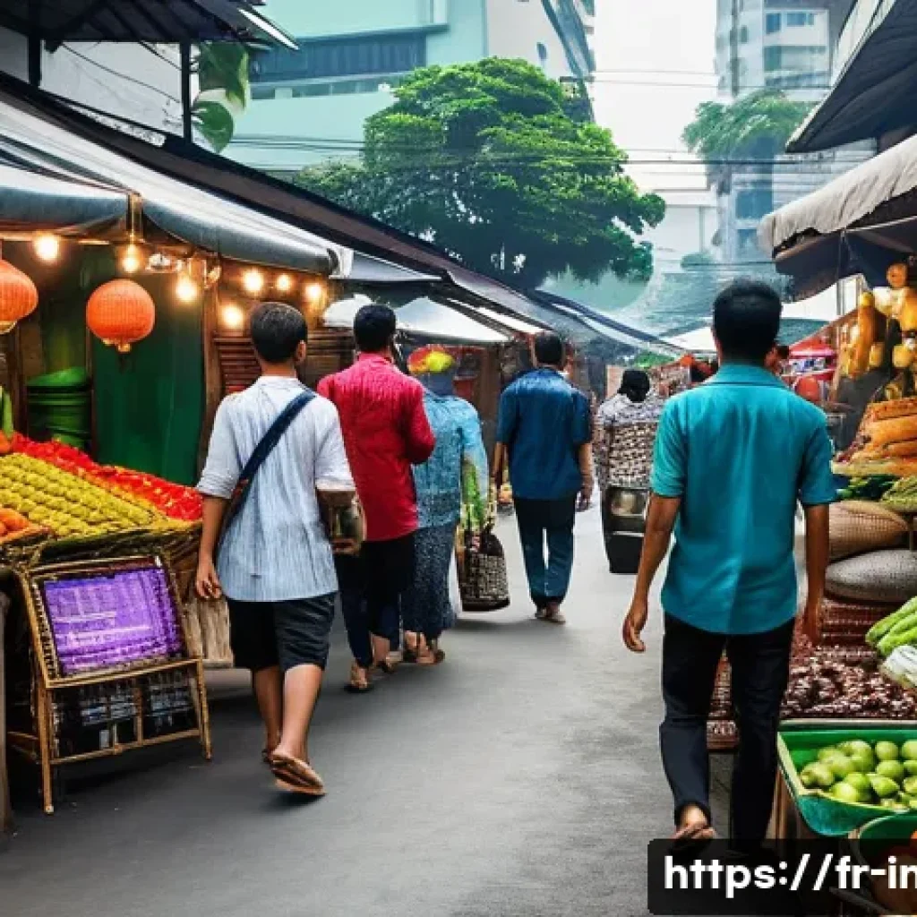 인도네시아 현지 시장 - **Prompt**: A vibrant, bustling Indonesian street market scene blending tradition with modernity. Yo...