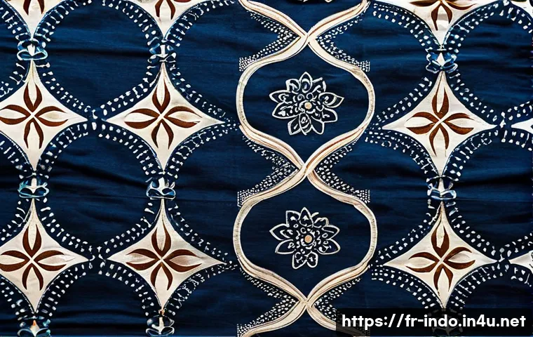 인도네시아 전통 직물 바틱 - A detailed close-up of a traditional Indonesian batik textile from Central Java, showcasing the intr...