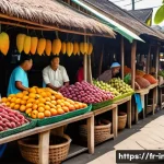 인도네시아 열대 과일 - A vibrant Indonesian traditional market scene in Bali at daylight, filled with colorful stalls showc...