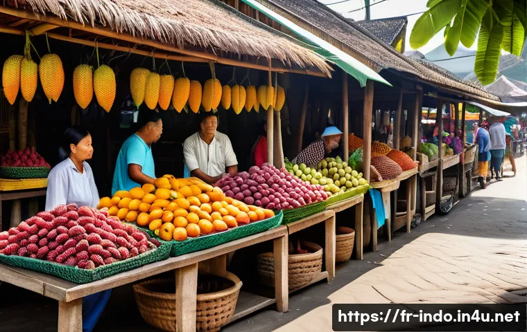 인도네시아 열대 과일 - A vibrant Indonesian traditional market scene in Bali at daylight, filled with colorful stalls showc...