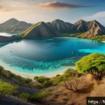 코모도 섬 여행 가이드 - A panoramic view of Komodo Island’s diverse landscape at sunrise, featuring rugged dry forests with ...