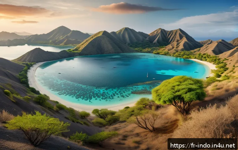 코모도 섬 여행 가이드 - A panoramic view of Komodo Island’s diverse landscape at sunrise, featuring rugged dry forests with ...