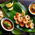 인도네시아 해산물 요리 - A vibrant Indonesian seafood feast featuring an array of dishes like grilled fish marinated with tur...