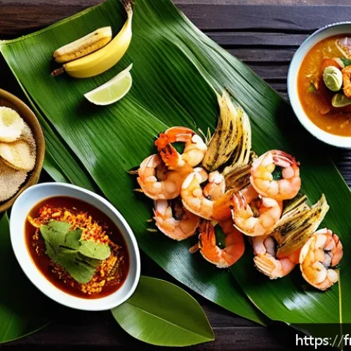 인도네시아 해산물 요리 - A vibrant Indonesian seafood feast featuring an array of dishes like grilled fish marinated with tur...