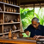 발리의 우붓 예술 마을 - A traditional Balinese artisan workshop in Ubud, featuring an elderly craftsman meticulously carving...