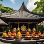 인도네시아의 전통 음악 - A vibrant traditional Indonesian gamelan orchestra performing outdoors in a lush tropical setting, f...
