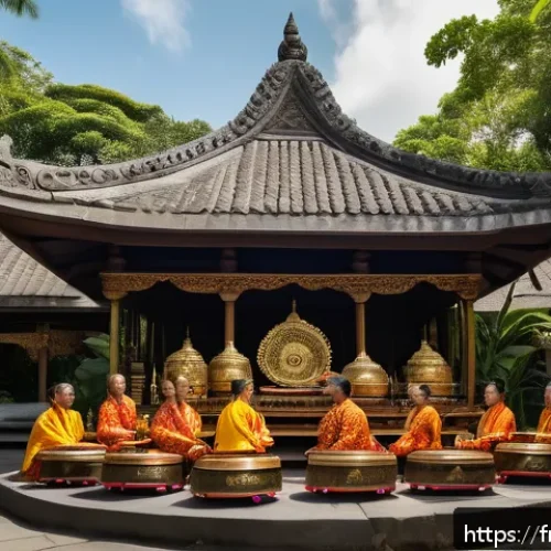 인도네시아의 전통 음악 - A vibrant traditional Indonesian gamelan orchestra performing outdoors in a lush tropical setting, f...