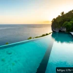 인도네시아 리조트 비교 - Photorealistic split-scene comparison of two Indonesian island resorts, left side a serene Bali clif...