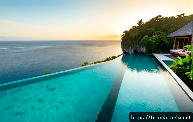 인도네시아 리조트 비교 - Photorealistic split-scene comparison of two Indonesian island resorts, left side a serene Bali clif...