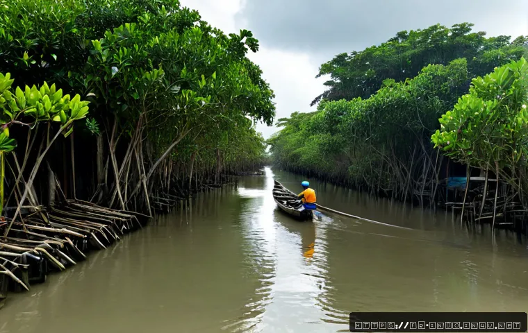 인도네시아의 기후 변화 - Photorealistic wide coastal scene in Indonesia showing climate change impact, a fishing village with...
